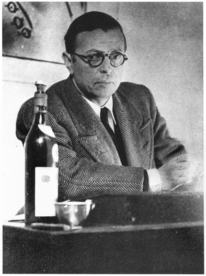Jean-Paul Sartre (1905-80) on the set for 'Morts sans sepulture', from 'L'Homme Sartre' by Marc Beigbeder, published by Bordas in 1947 (b/w photo)
