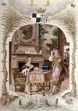 Madame de Sevigne in Hotel Carnavalet on New Year's Day, Paris, c.1900 (colour litho)