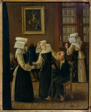 Nuns dressing a sick man (oil on canvas)