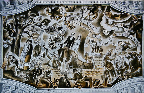 Engagement, Marriage and the Birth of Children, 1935 (colour litho)