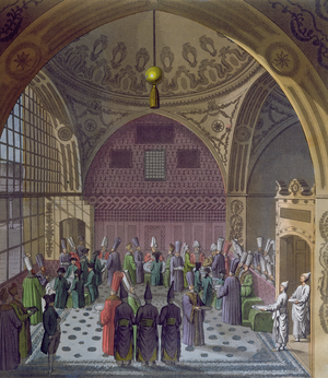 Reception of the Western Ambassadors by the Grand Vizier of the Sultan in Constantinople, c.1820 (colour engraving)