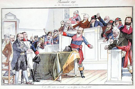 Satirical cartoon depicting the Dreyfus Affair as a revolutionary trial, 1898 (colour litho)