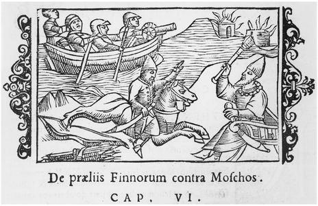 Russians and Finns fighting, illustration from 'Historia de Gentibus Septentrionalibus' by Olaus Magnus (1490-1558), published in Rome, 1555 (woodcut) (b/w photo)
