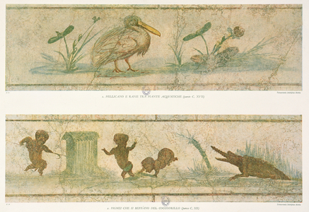 Pelicans, acquatic plants and pygmies fleeing before a crocodile, after the original frescoes, from 'Images du Colombaire de la Villa Pamphilj' by G. Bendinelli, 1941 (colour litho)