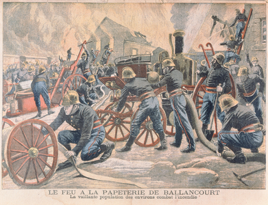 Firemen Fighting a Fire at a Paper Mill in Ballancourt, from 'Le Petit Journal', 1905 (coloured engraving)