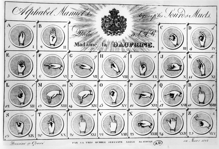 Sign language alphabet, 1827 (engraving) (b/w photo)