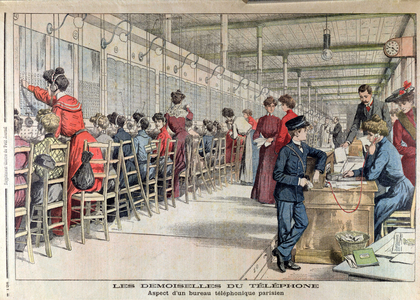 Women Operators at the Bureau Central de l'Opera Telephone Exchange, from 'Le Petit Journal', published 17th April 1904 (coloured engraving)