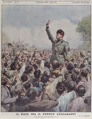 Benito Mussolini  acclaimed by the people, 1934 (colour litho)