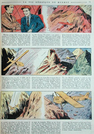 Flying through the mountains, page 25 from 'The Heroic Life of Jean Mermoz' by E. Blanc, 1939 (colour litho)