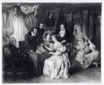 Signing the marriage contract at the solicitor's office, c.1840 (litho) (b/w photo)