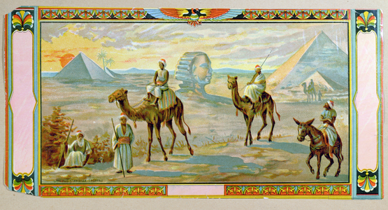 The Sphinx and the Pyramids, label from a fez box, c.1910 (colour litho)