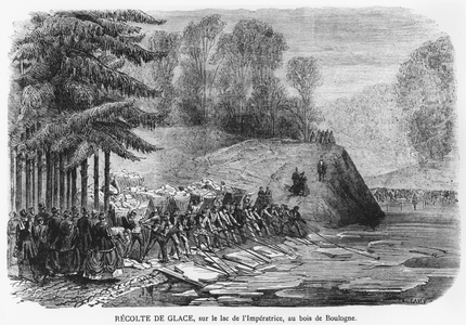 Ice harvest on the Empress Lake in the Bois de Boulogne at Paris, illustration from 'Le Journal Illustre', 13th February 1870 (engraving) (b/w photo)
