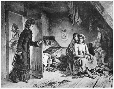 At the House of the Poor, c.1880 (oil on canvas) (b/w photo)