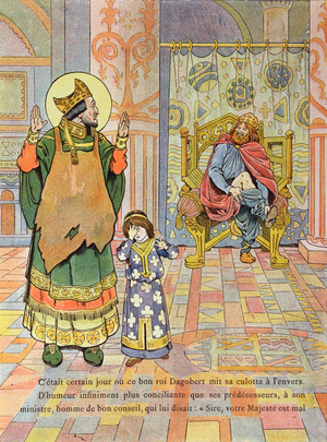 King Dagobert I (c.603-39) putting his trousers on the wrong way round, illustration from 'France, Son Histoire' by G. Montorgueil, c.1910 (colour litho)