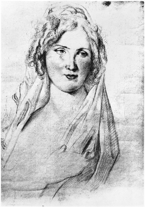 Portrait presumed of Angela Pietragrua, countess Simonetta, mistress of the french writer Stendhal, while he was in Italy, between september 1811 and 1815 (etching) (b/w photo)