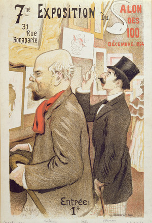Poster advertising the '7th Exhibition of the Salon des 100', depicting Paul Verlaine (1844-96) and Jean Moreas (1856-1910) at the Salon des 100, 1894 (colour litho)