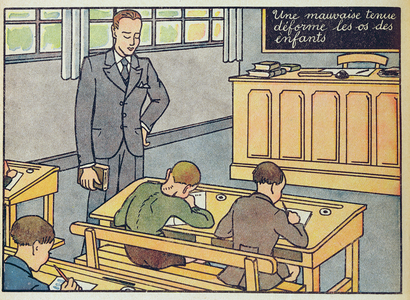 'Bad Posture Deforms the Bones of Children', illustration from 'Mon Premier Livre de Lecons de Choses, CE1', published by Editions Delagrave, Paris, 1938 (colour litho)