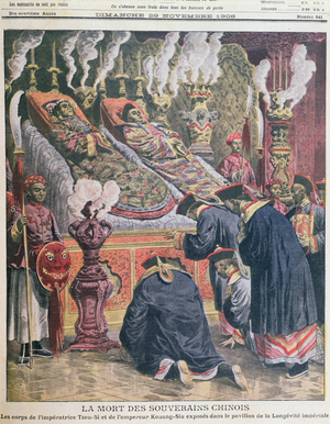 The display of the bodies of the Emperor Kouang-Siu (1872-1908) and his aunt the Empress Tseu-Hi (1835-1908) in the pavilion of imperial longevity, illustration from 'Le Petit Journal' 1908 (colour litho)