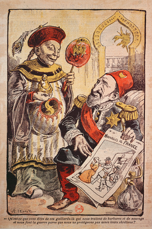 Cartoon indicting the hypocrisy and double standards of Western Europe in their criticism and behaviour towards China and the Ottoman Empire;