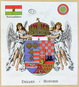 Coat of arms of the Kingdom of Hungary with the crown of Saint Stephen, early 20th century (colour litho)