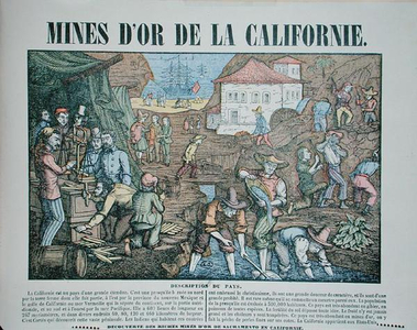 Depiction of the Californian gold mines, mid 19th century (coloured engraving)
