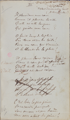 'Il pleure dans mon coeur, Comme il pleut sur la ville...', Handwritten poem of 'Romances Sans Paroles', 1873 (pen and ink on paper)