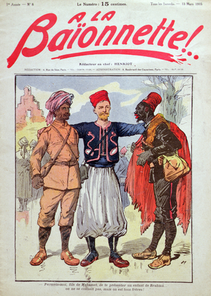 French colonial soldiers, cover illustration from 'A La Baionnette', 13th March 1915 (colour litho)