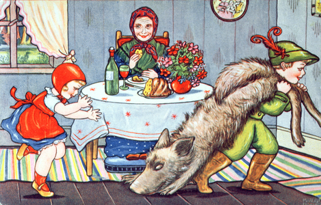 Central European illustration of 'Little Red Riding Hood', 1934 (colour litho)