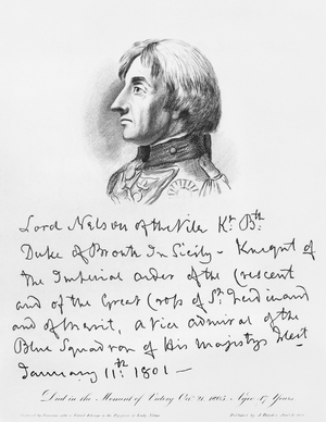 Portrait of Admiral Horatio Nelson with his handwriting (engraving) (b/w photo)