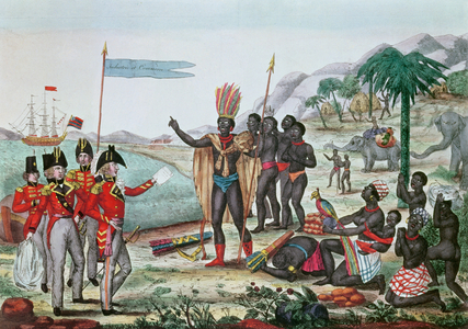 The English informing the Africans about the Treaty of Paris and the abolition of slavery, after 1815 (coloured engraving)