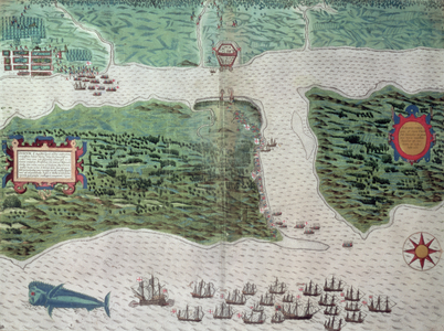 Map depicting the destruction of the Spanish colony of St. Augustine in Florida on 7th July 1586 by the English fleet commanded by Sir Francis Drake (1540-96) 1589 (hand coloured engraving)