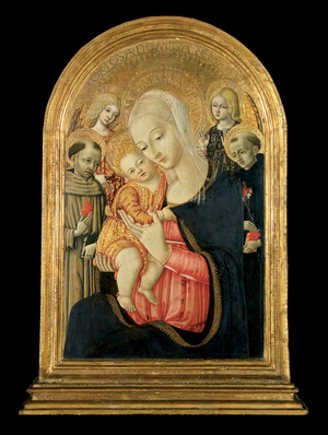 Madonna and Child with angels, Saint Anthony of Padua and Saint Nicholas of Tolentino, early 1470s (tempera & oil on panel)