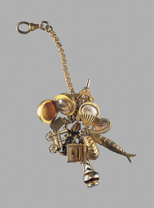 Watch fob with eye miniatures, c.1830 (pinchbeck metal with agate, enamel & w/c on ivory)