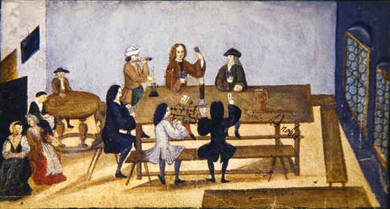 A tavern interior scene with figures playing cards, c.1690 (gouache on paper)