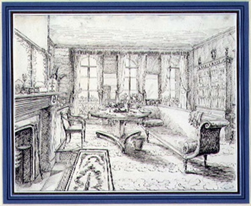 An English Regency country house interior, 1838 (pen & sepia ink on paper)