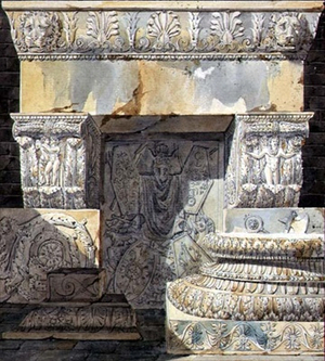 Fragments of Ruins, design for a title page from plate 20 of 'Palais, Maisons et Autres Edifices Modernes, Dessines a Rome' by Charles Percier and Pierre Francois Leonard Fontaine (1762-1853) pub. Paris, 1798 (pen & ink and w/c on paper)