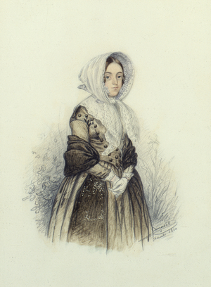 Portrait of a Young lady in a Bonnet with White Gloves, 1840 (w/c and pencil on paper)