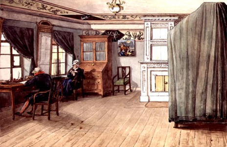 Neo-Classical Writing Room with an Elderly Couple, 1820 (w/c on paper)