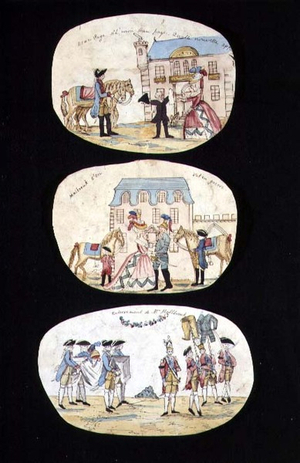 'The Wonderful New Page Boy', 'Marlborough Going off to War' and 'Marlborough's Funeral Procession', three illustrations depicting the life of John Churchill Marlborough (1650-1722) mid 18th century (pen & ink and w/c on paper)