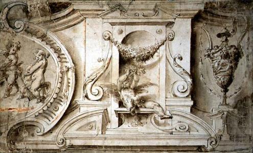 Architectural Pediment Adorned by Putti, c.1580 (pen & ink with wash on paper)