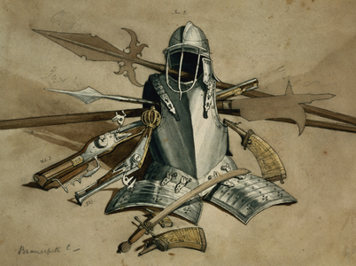 Study of Armour and Weapons at Brancepeth Castle, Durham (w/c and pencil on paper)