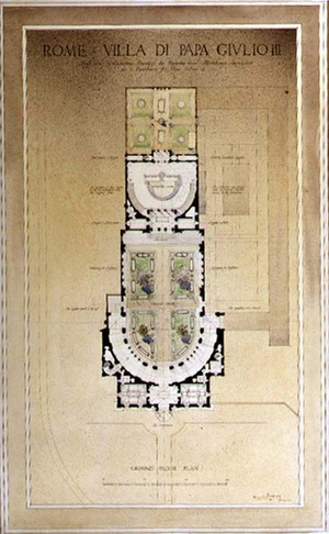 The ground floor plan of the Villa di Papa Giulio in Rome, 1914 (pen & ink and w/c on paper)