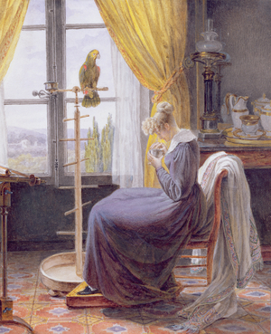 A Woman Feeding a Parrot in an Interior, c.1820 (w/c with gouache on paper)