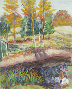 Three Washerwomen on the Banks of a River (oil on board)
