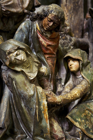 Altar piece, central panel, detail, the swoon of the Virgin (painted stone)