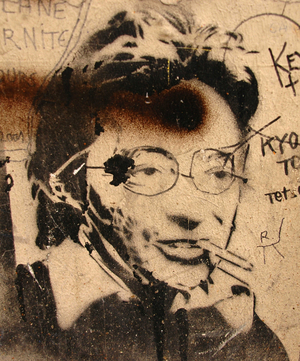 Portrait of Serge Gainsbourg by a fan on the facade of his mansion, rue de Verneuil in the 7th arrondissement of Paris.