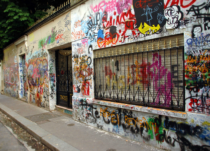 The facade of the Hotel Particulier de Serge Gainsbourg, tagged by fans, rue de Verneuil in the 7th arrondissement of Paris.