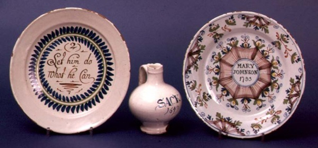 Lambeth delftware Merryman plate, 1720 and sack bottle, 1749 (ceramic)