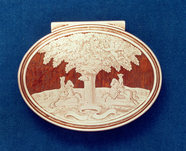 Boscobel oak snuff box, with scene of Charles II hiding in an oak tree, picked out in silver, c.1700