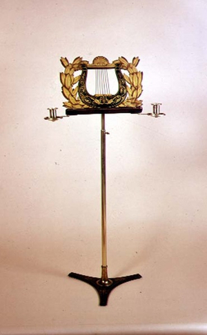 Music stand, Regency style, telescopic brass stand, pair of brass candle sconces
